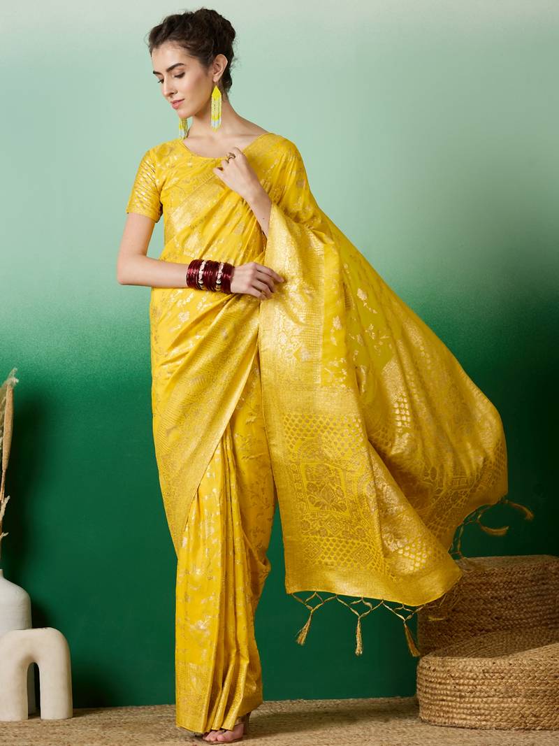 yellow Banarasi Dola Cotton Saree with Blouse