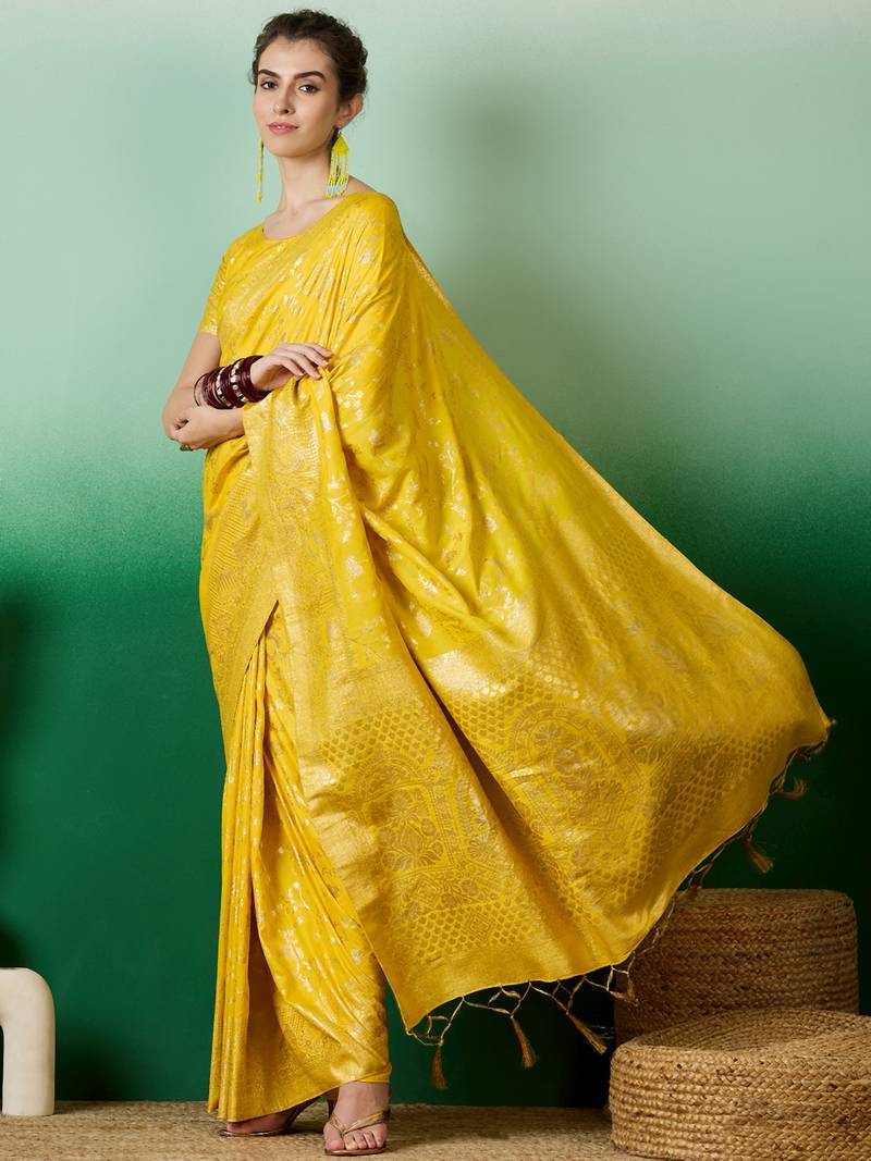 yellow Banarasi Dola Cotton Saree with Blouse
