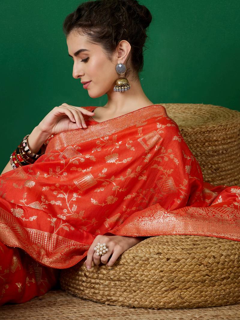 orange Banarasi Dola Cotton Saree with Blouse