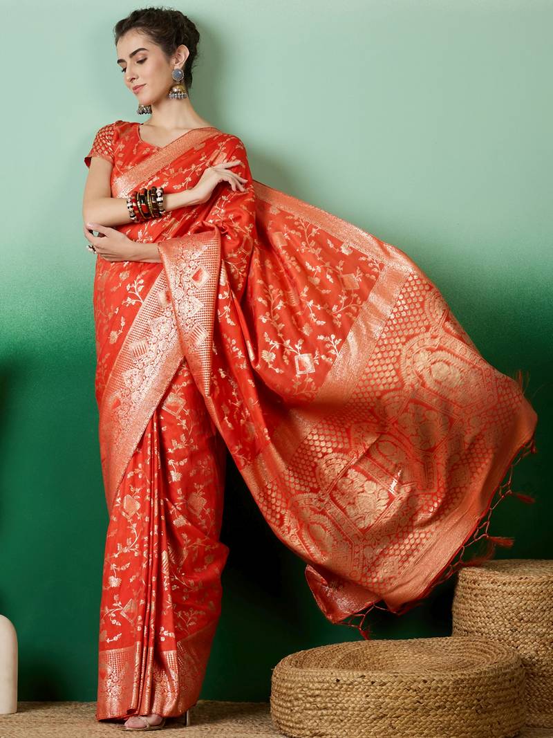 orange Banarasi Dola Cotton Saree with Blouse