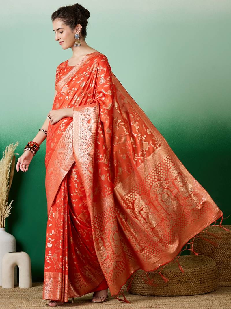 orange Banarasi Dola Cotton Saree with Blouse