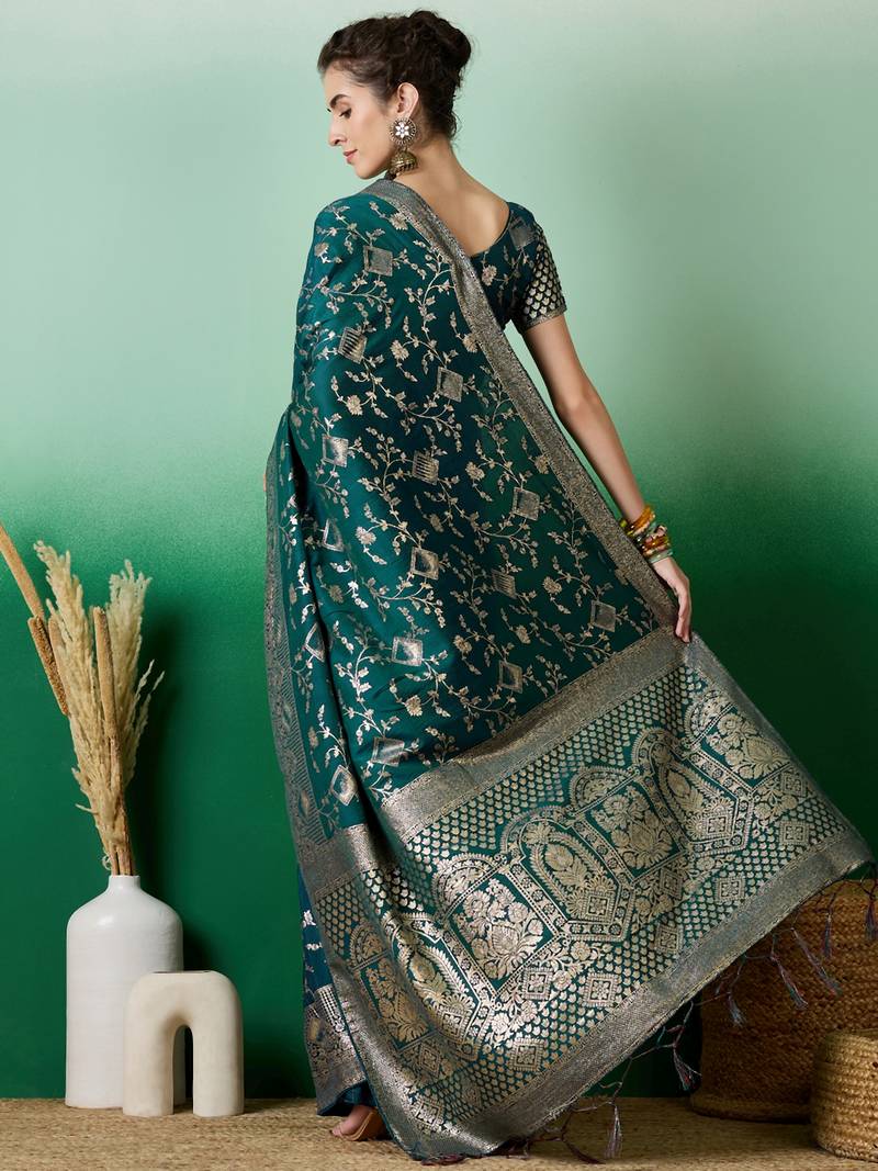 teal Banarasi Dola Cotton Saree with Blouse