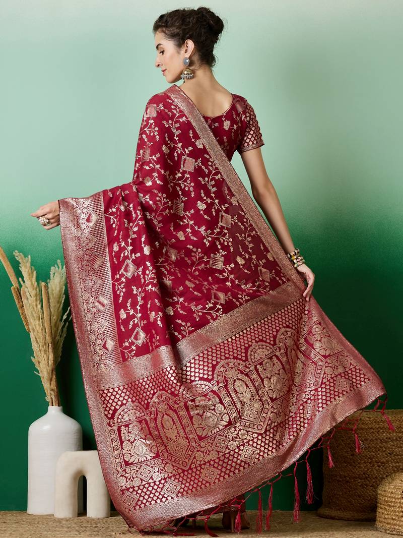 maroon Banarasi Dola Cotton Saree with Blouse