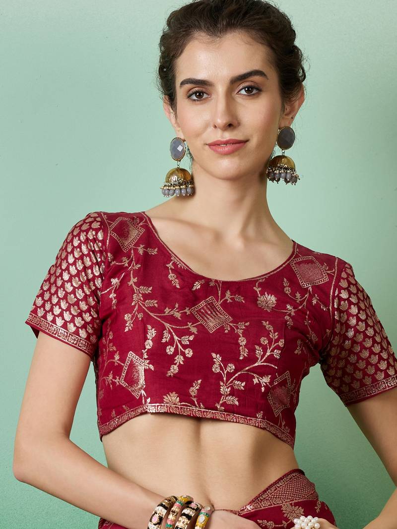 maroon Banarasi Dola Cotton Saree with Blouse