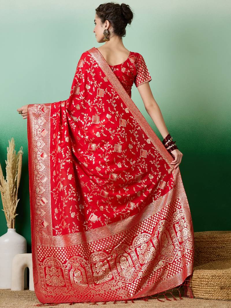 red Banarasi Dola Cotton Saree with Blouse