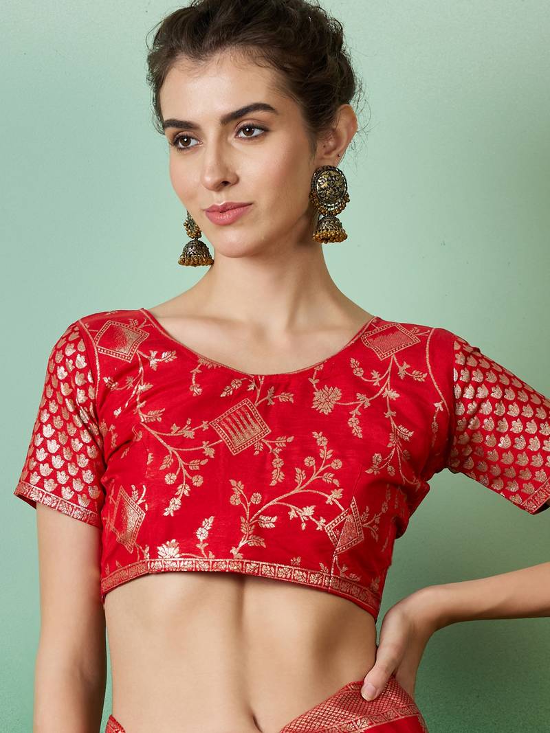 red Banarasi Dola Cotton Saree with Blouse