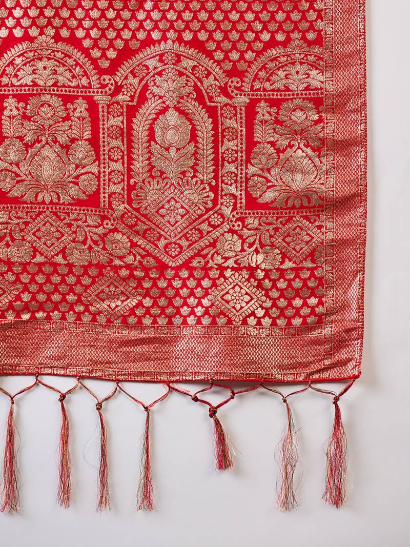 red Banarasi Dola Cotton Saree with Blouse