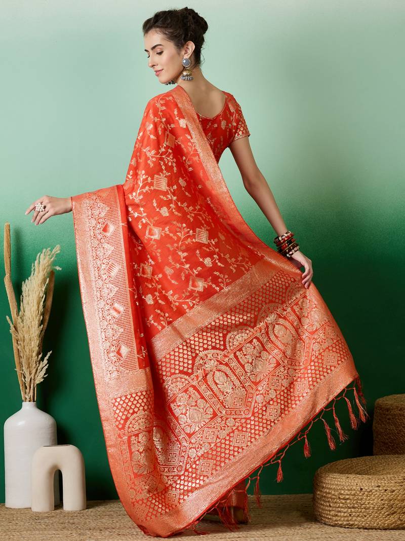 orange Banarasi Dola Cotton Saree with Blouse