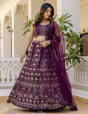 wine Sequins and Thread Embroidered Georgette lehenga dress 1