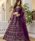 wine Sequins and Thread Embroidered Georgette lehenga dress