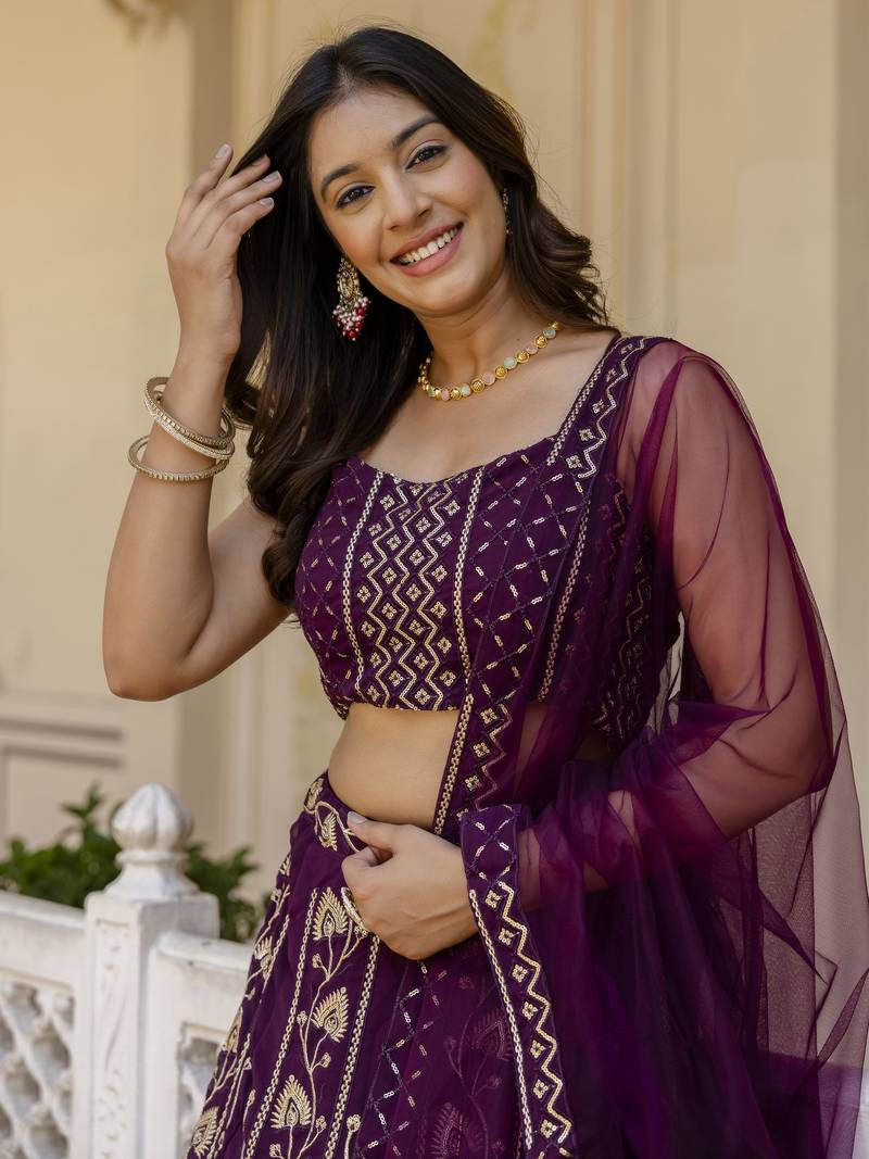 wine Sequins and Thread Embroidered Georgette lehenga dress