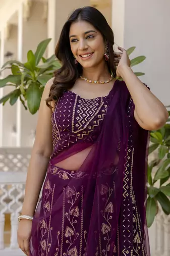 wine Sequins and Thread Embroidered Georgette lehenga dress