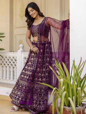 wine Sequins and Thread Embroidered Georgette lehenga dress 5