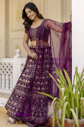 wine Sequins and Thread Embroidered Georgette lehenga dress