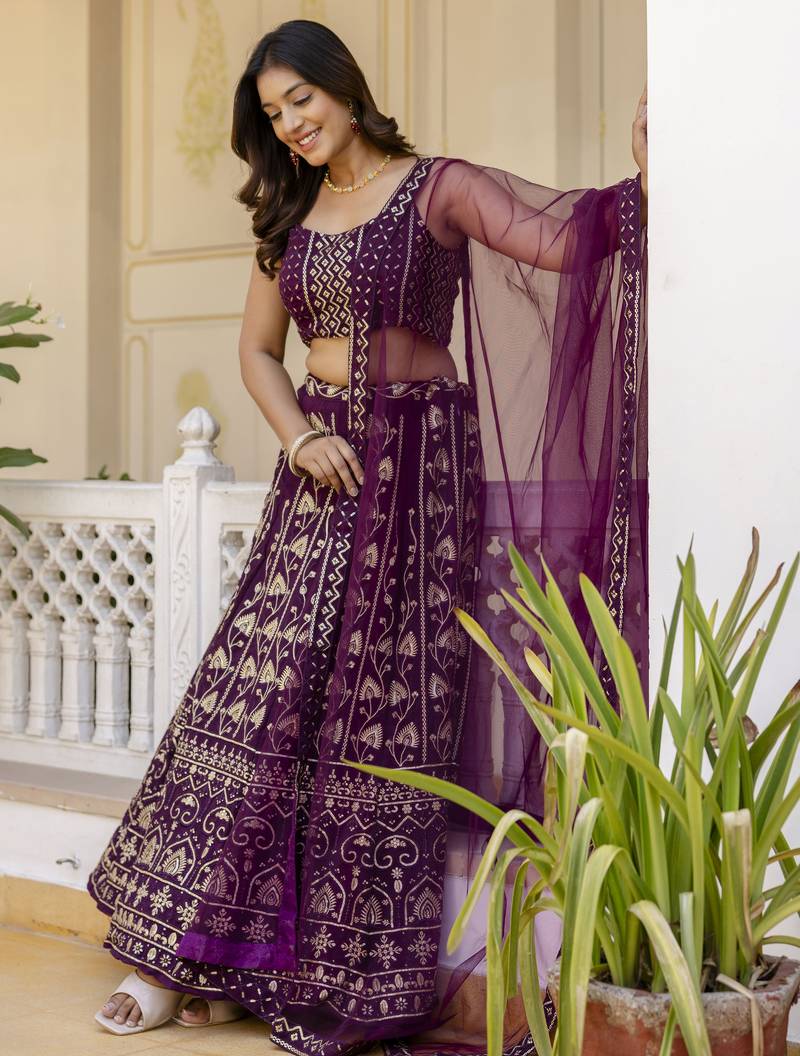 wine Sequins and Thread Embroidered Georgette lehenga dress