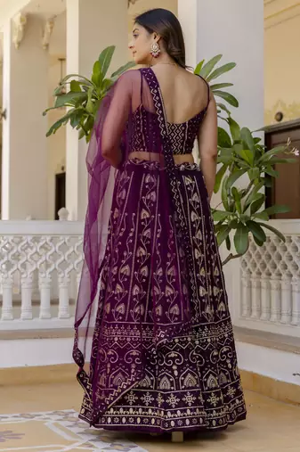 wine Sequins and Thread Embroidered Georgette lehenga dress