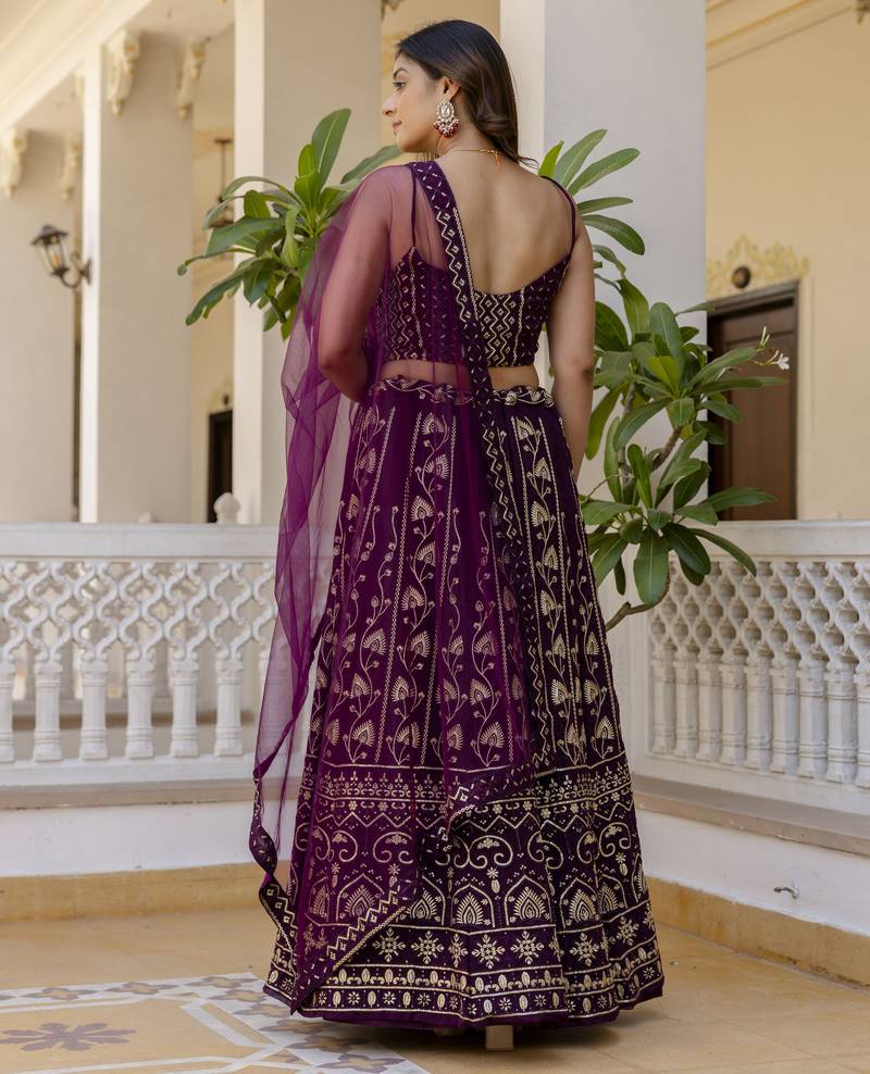 wine Sequins and Thread Embroidered Georgette lehenga dress