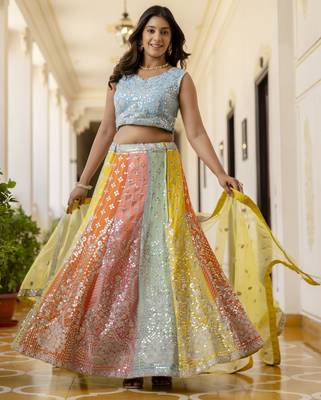 Multicolored Sequins & Thread Embroidered georgette lehenga dress 1