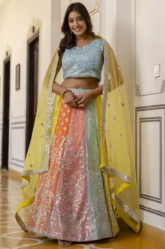 Multicolored Sequins & Thread Embroidered  georgette lehenga dress