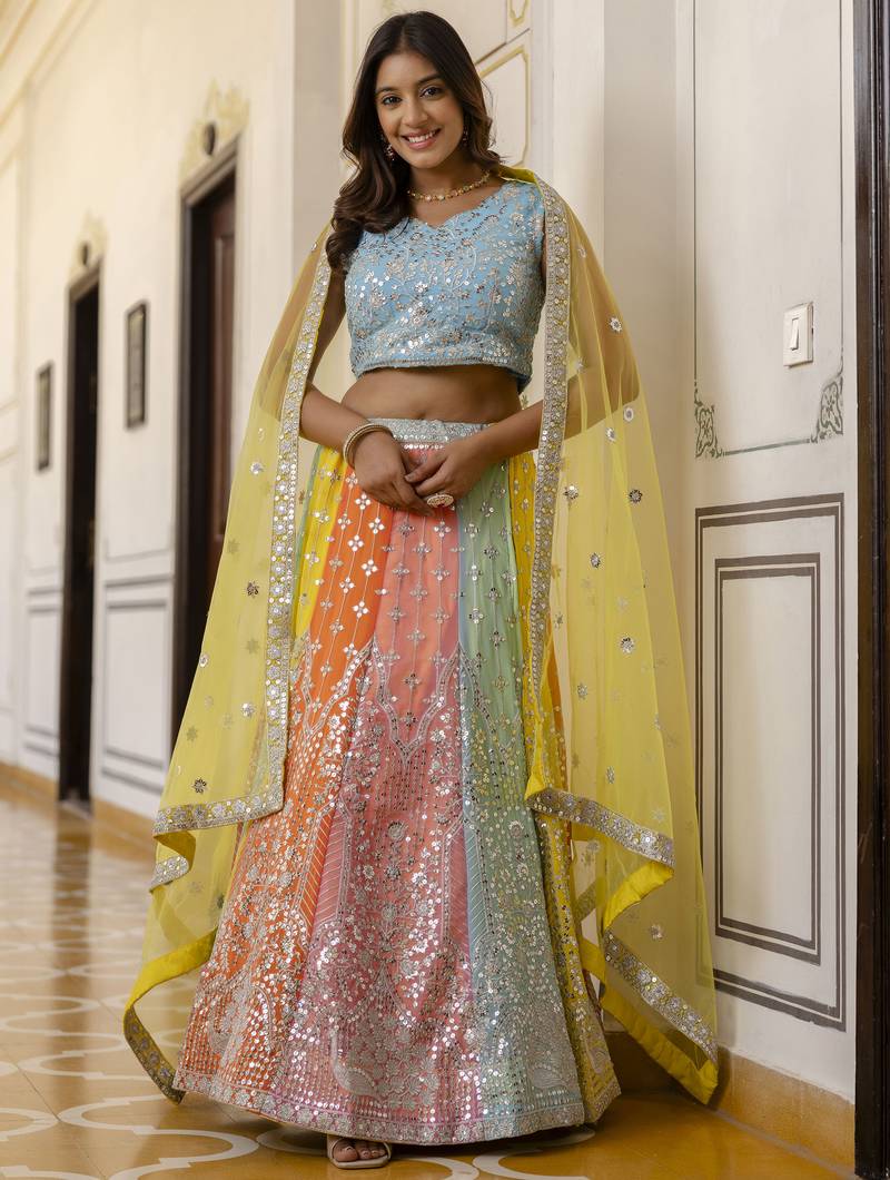 Multicolored Sequins & Thread Embroidered  georgette lehenga dress