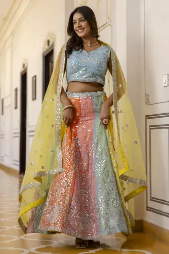 Multicolored Sequins & Thread Embroidered  georgette lehenga dress