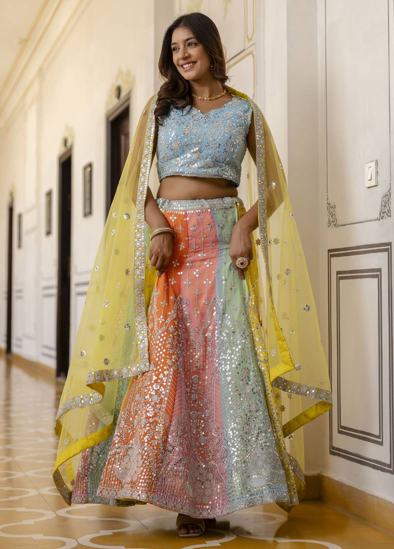 Multicolored Sequins & Thread Embroidered  georgette lehenga dress