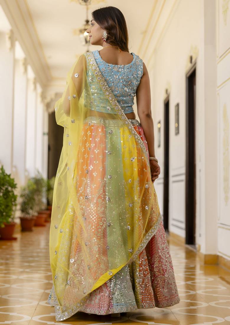 Multicolored Sequins & Thread Embroidered  georgette lehenga dress