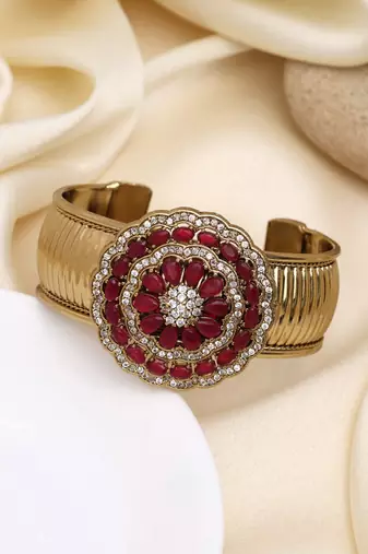Bright rani color american diamond bracelet with classic intricate work