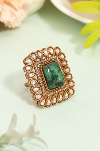 Fresh green color american diamond finger ring with intricate stone setting
