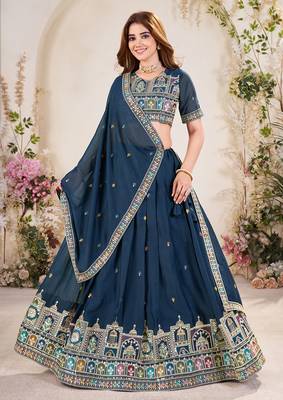 teal blue Sequins Embroidered georgette lehenga dress 1