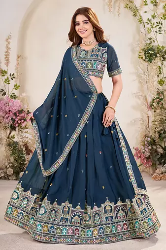 teal blue Sequins Embroidered georgette lehenga dress