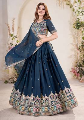 teal blue Sequins Embroidered georgette lehenga dress 3