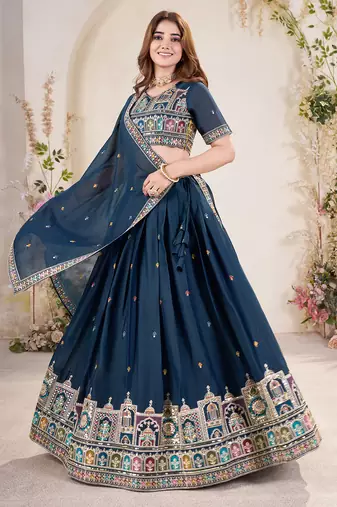 teal blue Sequins Embroidered georgette lehenga dress