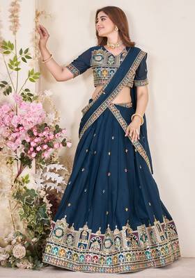 teal blue Sequins Embroidered georgette lehenga dress 4