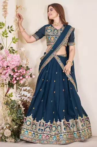 teal blue Sequins Embroidered georgette lehenga dress