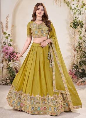 mustard yellow Sequins Embroidered georgette lehenga dress 1