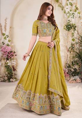 mustard yellow Sequins Embroidered georgette lehenga dress 3