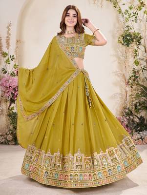 mustard yellow Sequins Embroidered georgette lehenga dress 4