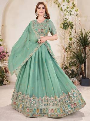 Pista Green Sequins Embroidered georgette lehenga dress 1