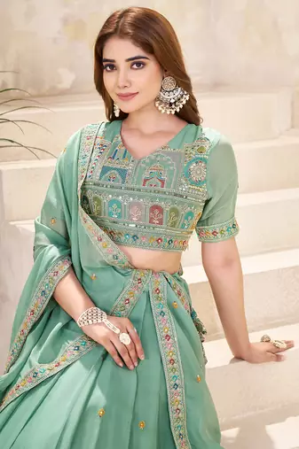 Pista Green Sequins Embroidered georgette lehenga dress