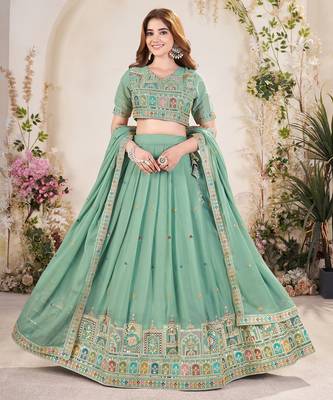 Pista Green Sequins Embroidered georgette lehenga dress 3