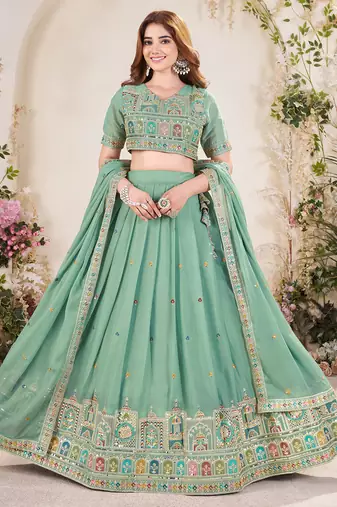 Pista Green Sequins Embroidered georgette lehenga dress