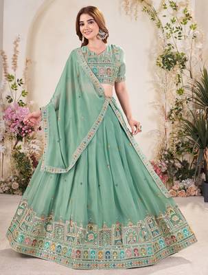 Pista Green Sequins Embroidered georgette lehenga dress 4