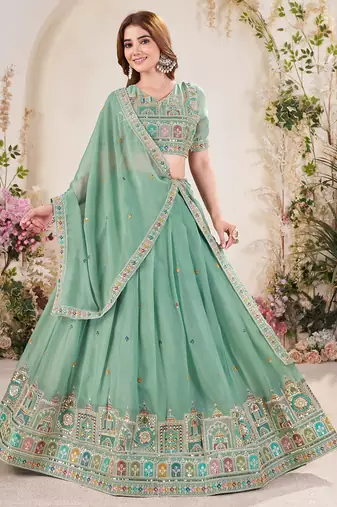 Pista Green Sequins Embroidered georgette lehenga dress