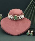 Green color choker american diamond necklace set with traditional beaded design