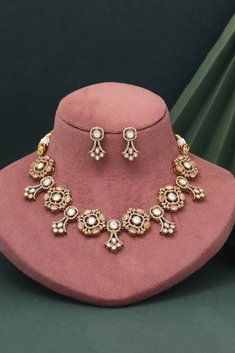 Elegant pink color american diamond necklace set for wedding and party looks