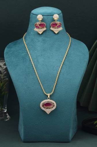 Rani color american diamond necklace set with fancy detailing for bridal wear