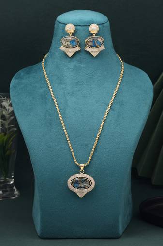 Turquoise blue color american diamond necklace set with crystal gem embellishments