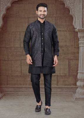 Black Pure Silk jacquard designer indo western for mens 1