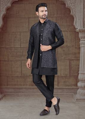 Black Pure Silk jacquard designer indo western for mens 2